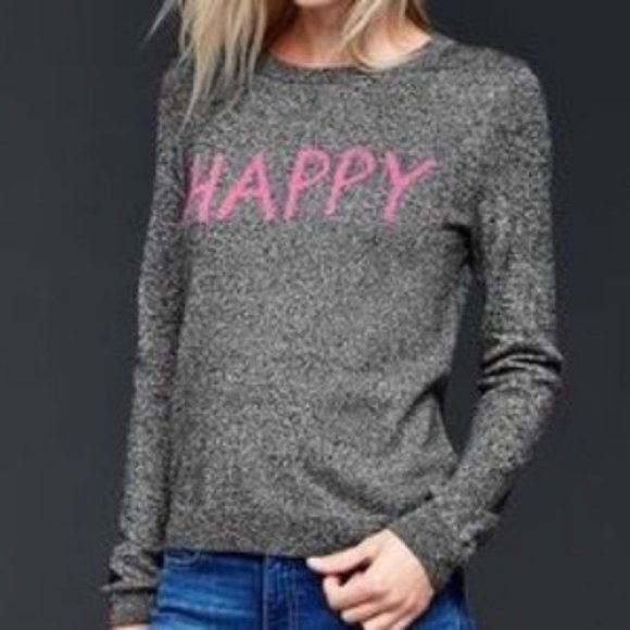 Gap Neon Pink Happy Graphic Black Merino Wool Sweater - Picture 1 of 8